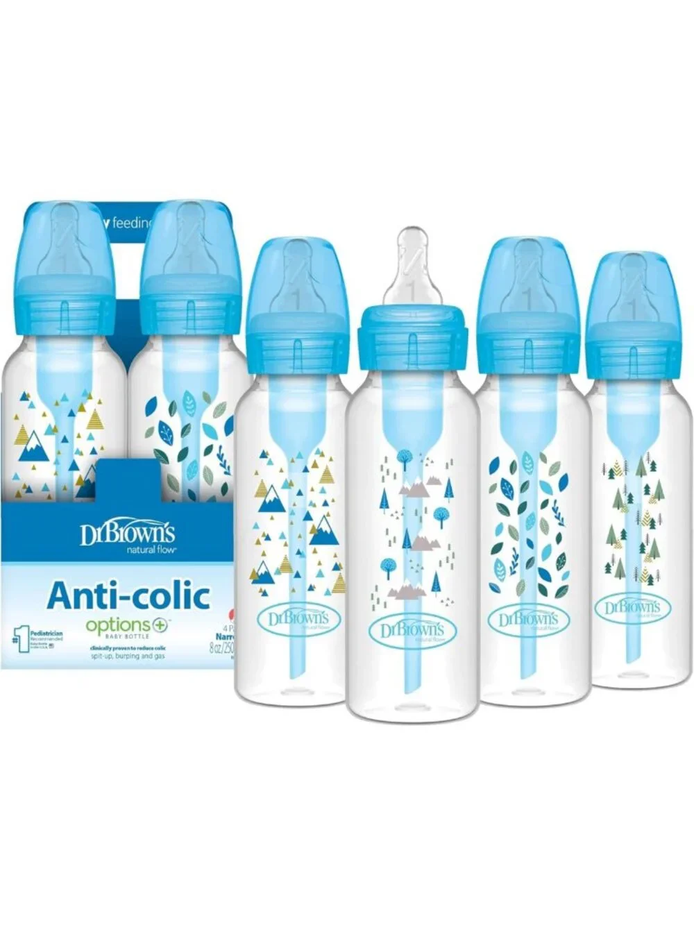 Anti-Colic Baby Bottles, 8 oz, Slow Flow Nipples, 4 Pack, Blue Nature Design